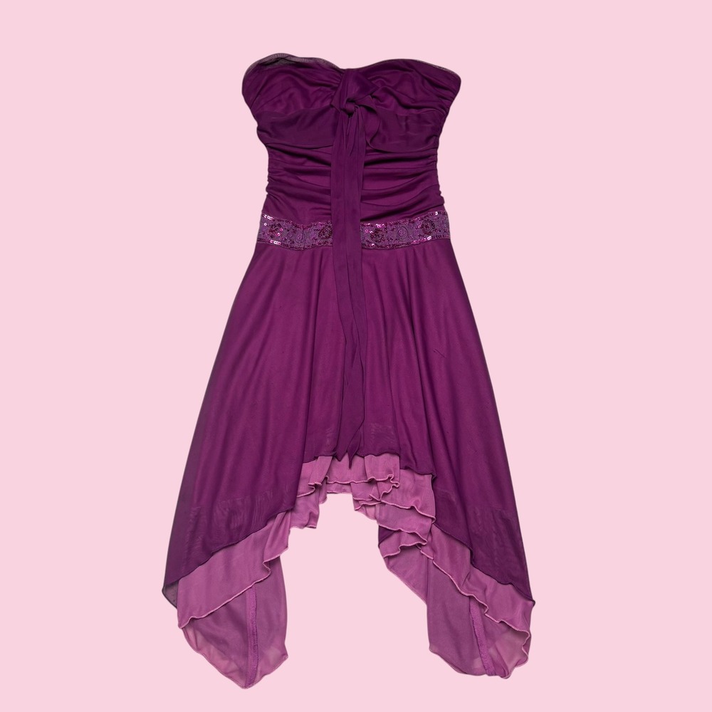 Rampage Purple Strapless Handkerchief Hem Sequin Ruched Mesh Dress Small
